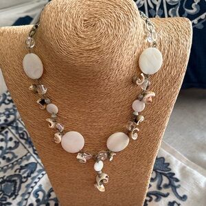 White mother of pearls flat circles and shells clear quartz Silver Necklace